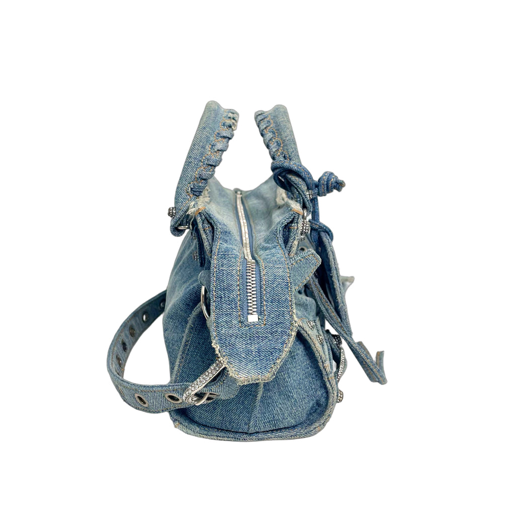 Balenciaga Neo Cagole XS Tote Bag in Washed Denim with Rhinestones