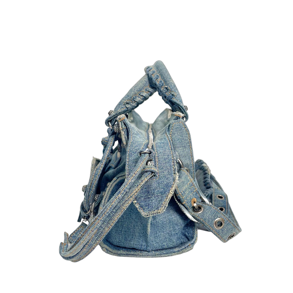 Balenciaga Neo Cagole XS Tote Bag in Washed Denim with Rhinestones