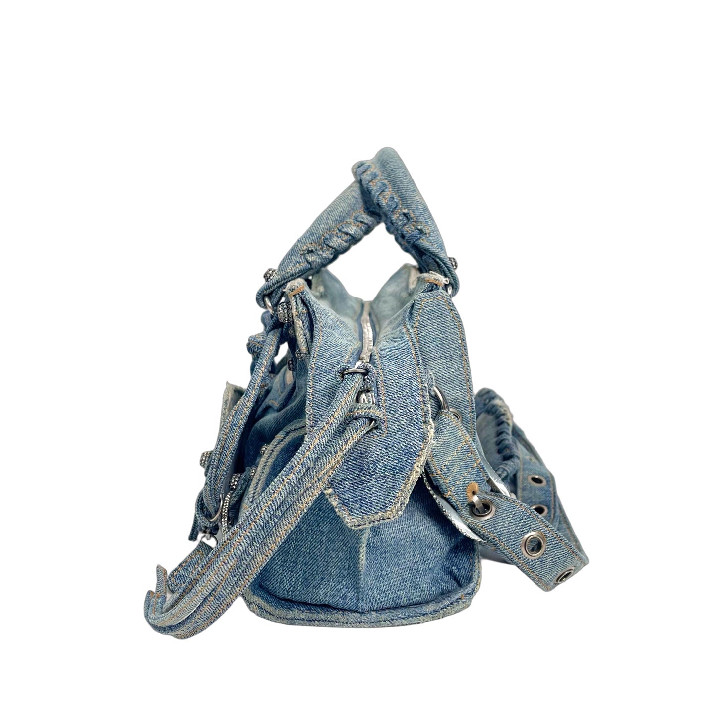 Balenciaga Neo Cagole XS Tote Bag in Washed Denim with Rhinestones