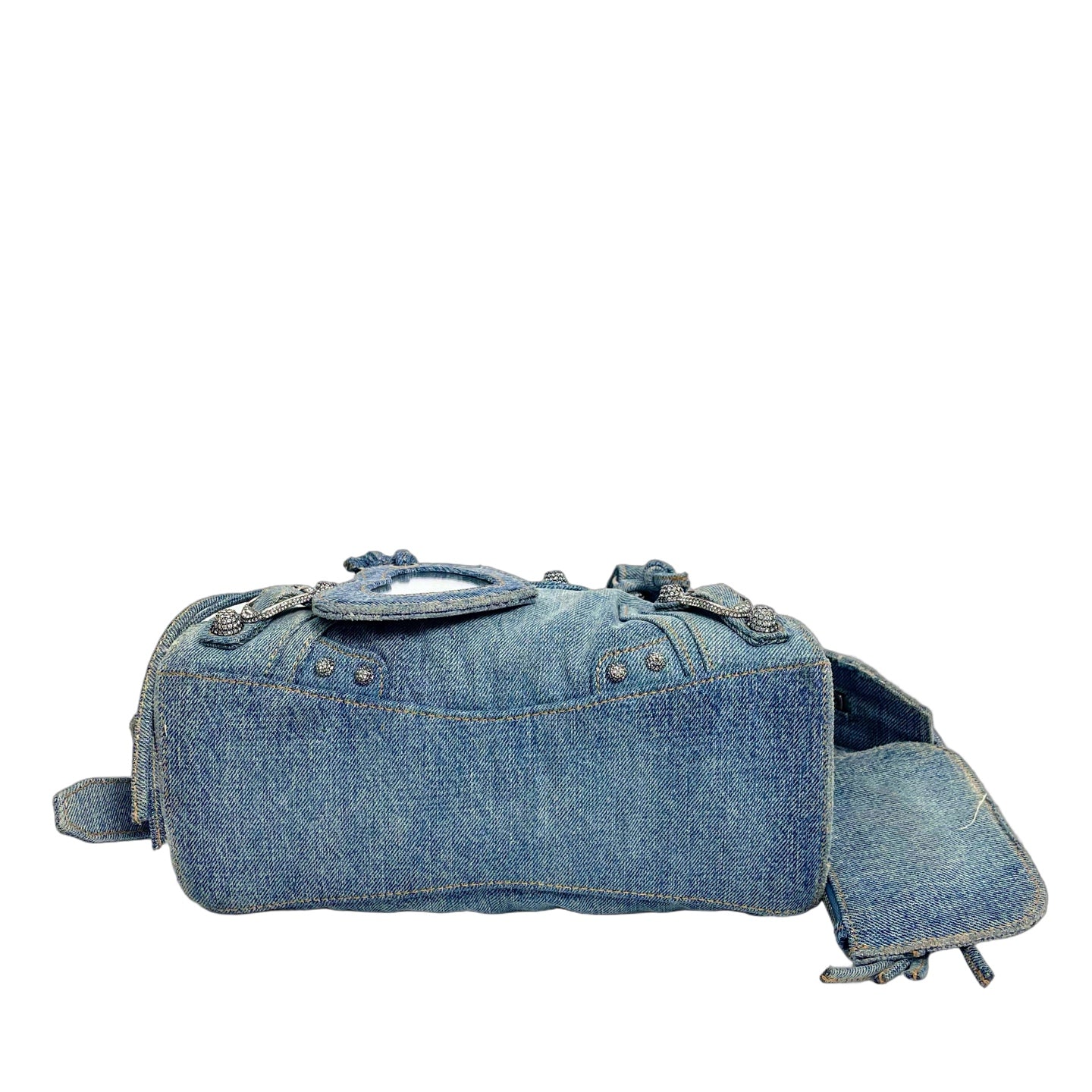 Balenciaga Neo Cagole XS Tote Bag in Washed Denim with Rhinestones