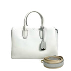 MCM Pebbled Leather Top Handle Tote Bag with Webbing Strap - White