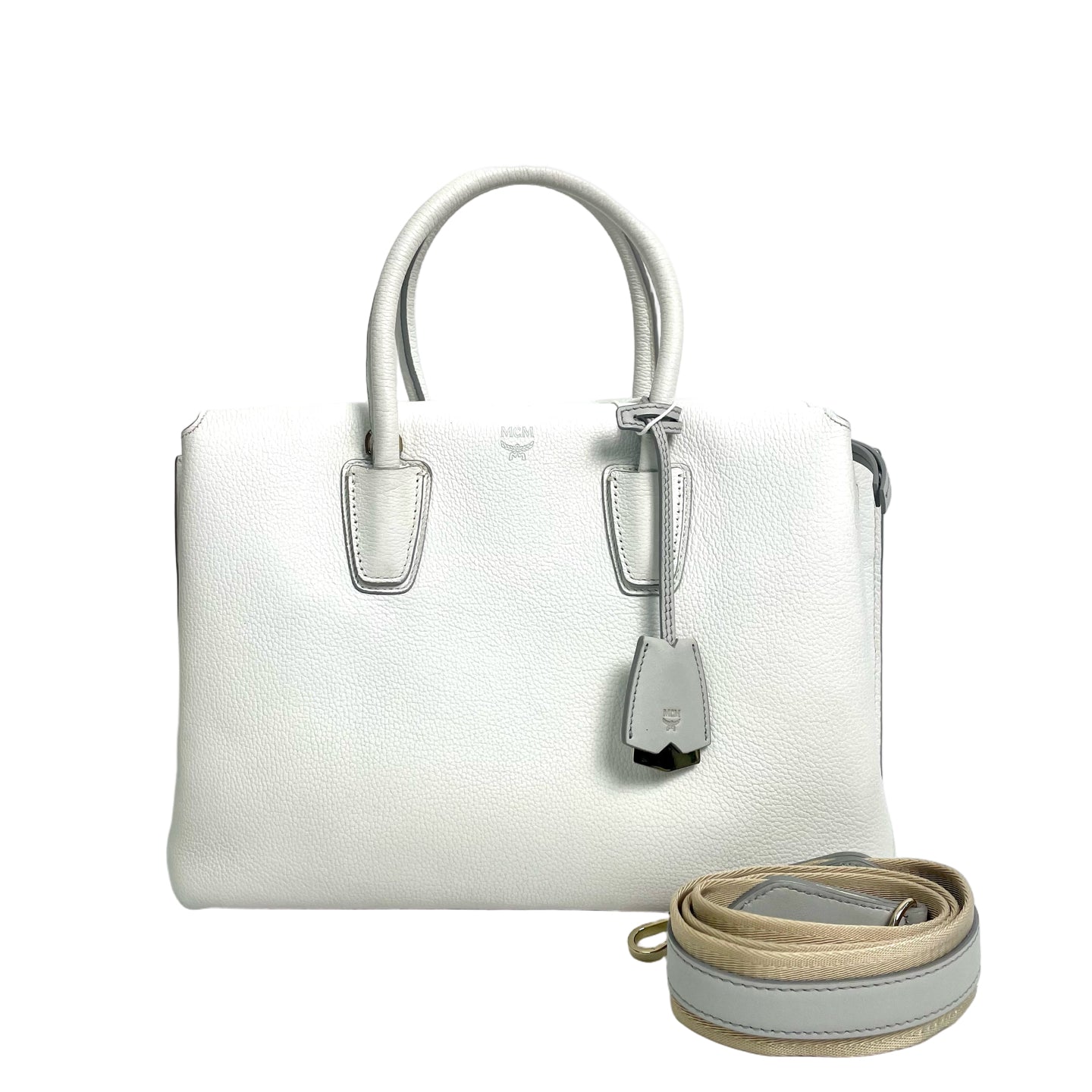 MCM Pebbled Leather Top Handle Tote Bag with Webbing Strap - White