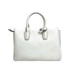 MCM Pebbled Leather Top Handle Tote Bag with Webbing Strap - White