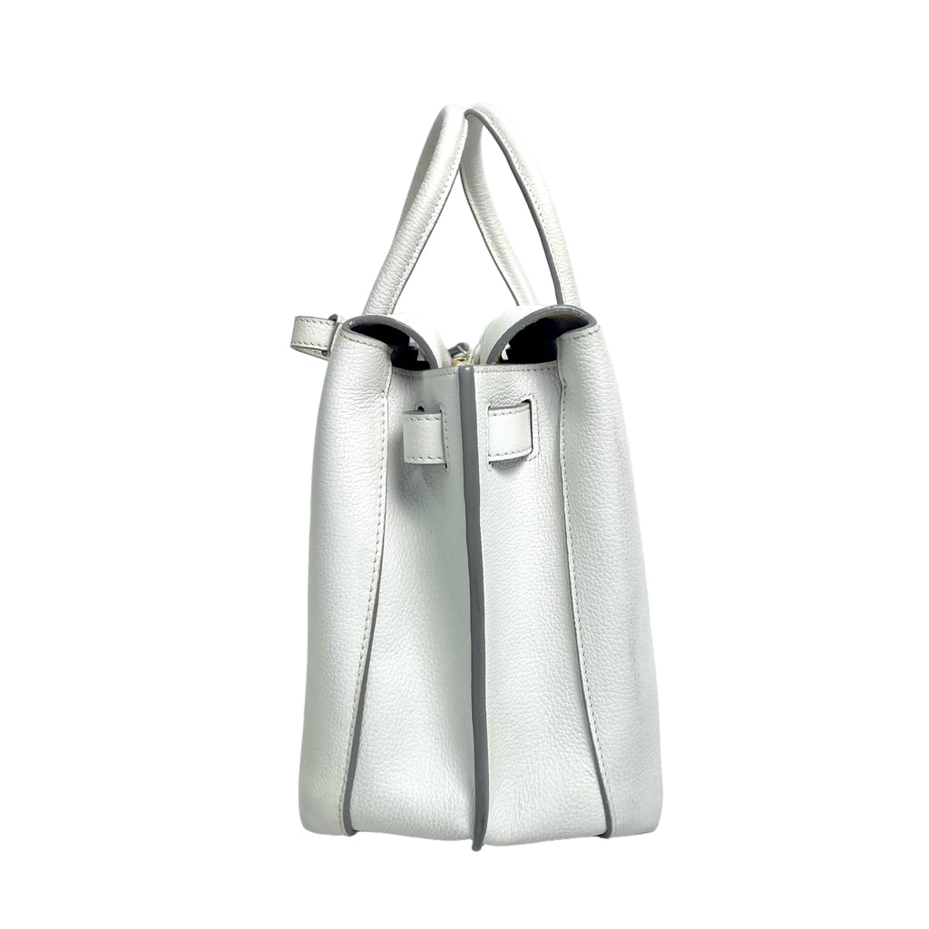 MCM Pebbled Leather Top Handle Tote Bag with Webbing Strap - White