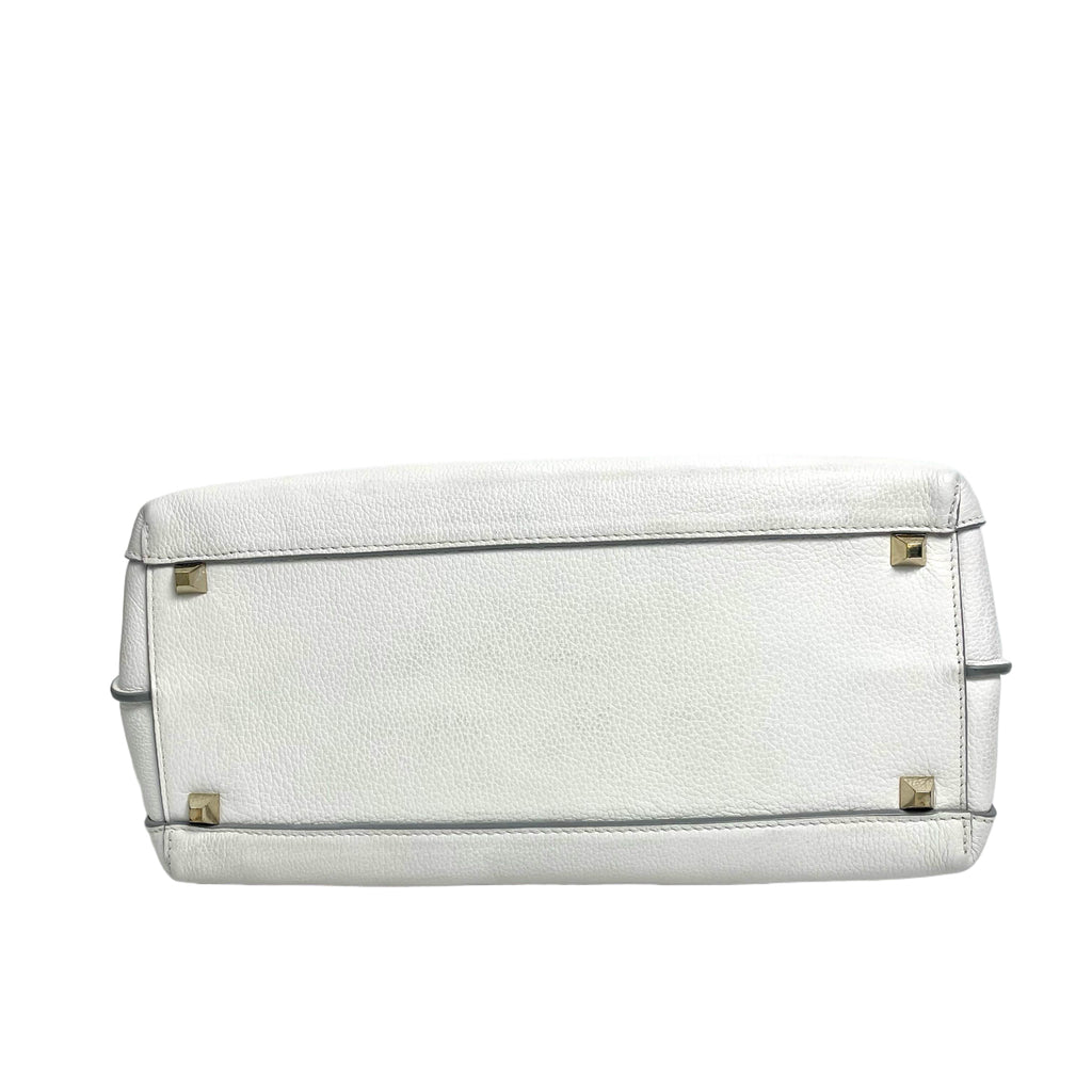 MCM Pebbled Leather Top Handle Tote Bag with Webbing Strap - White