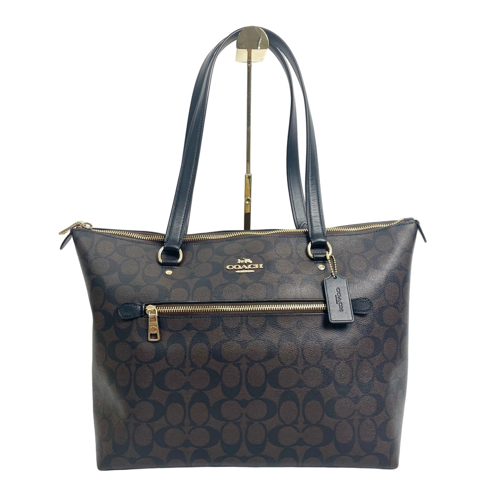 Coach Signature Canvas Large Zipper Tote Bag with Front Pocket - Brown/Black