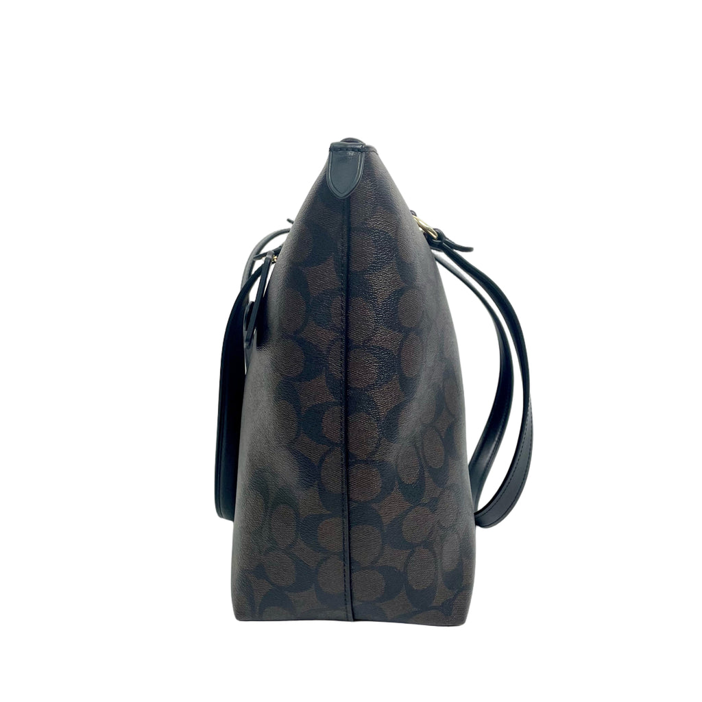 Coach Signature Canvas Large Zipper Tote Bag with Front Pocket - Brown/Black