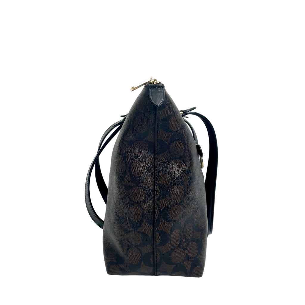 Coach Signature Canvas Large Zipper Tote Bag with Front Pocket - Brown/Black
