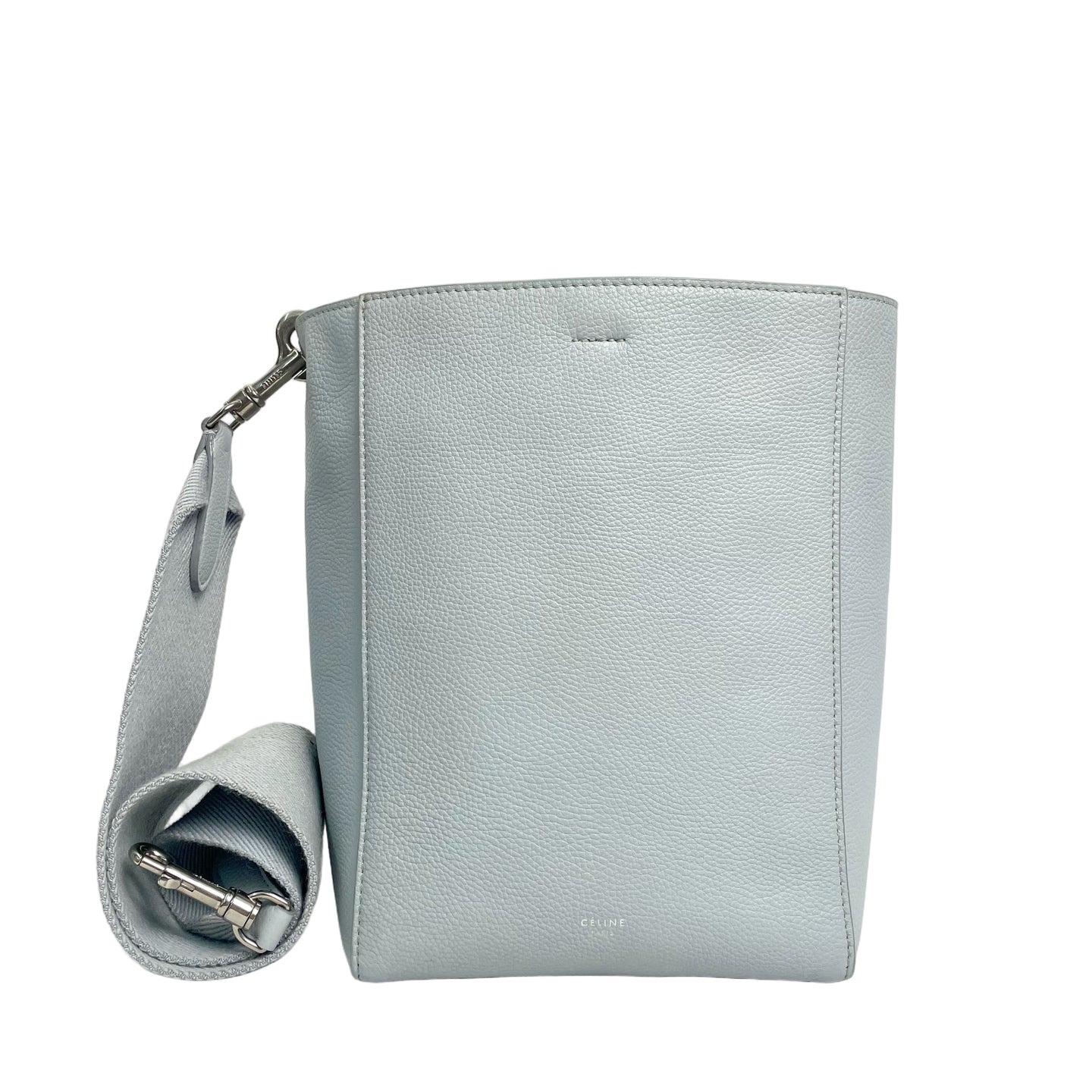 CELINE Sangle Small Bucket Bag in Pebbled Leather - Light Grey