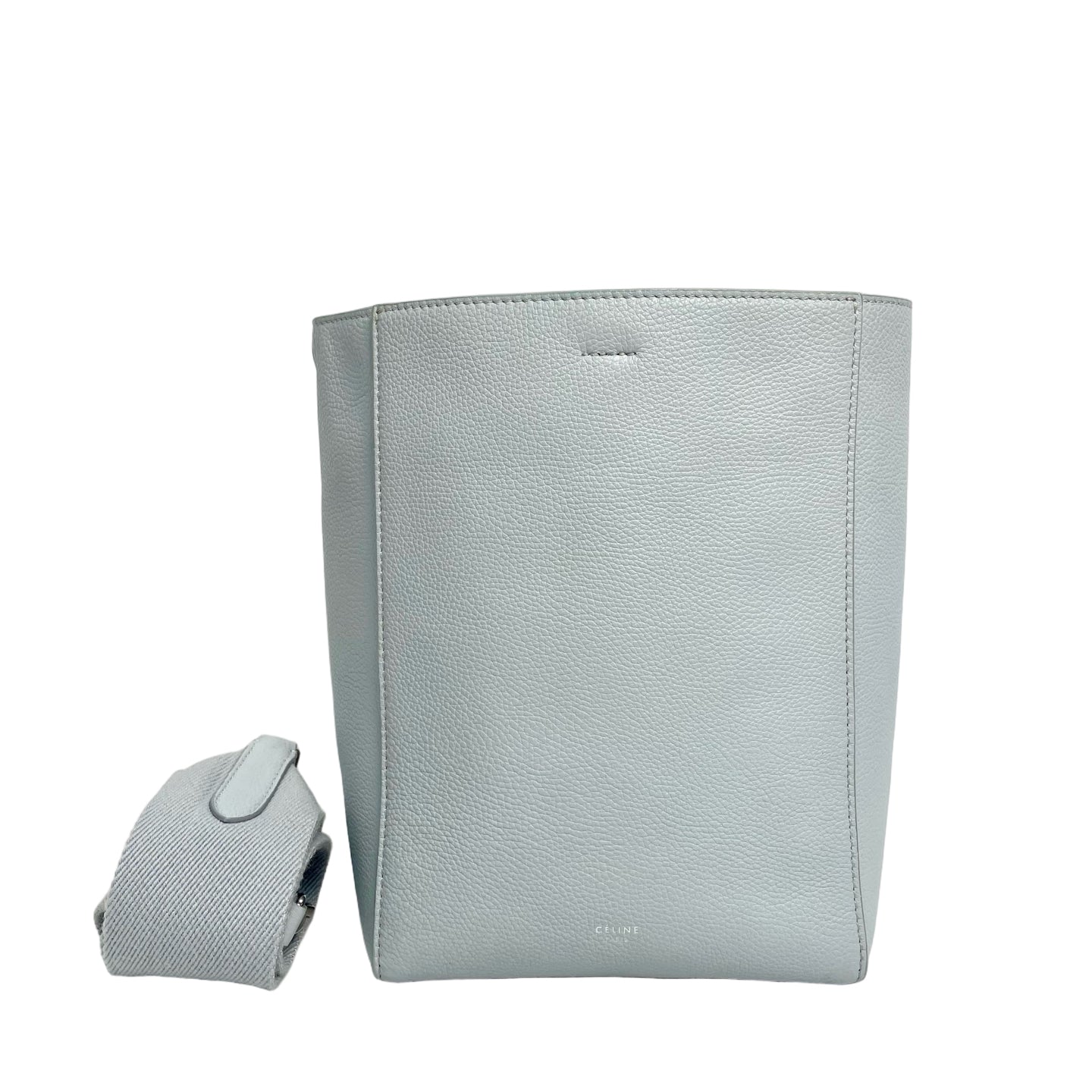 CELINE Sangle Small Bucket Bag in Pebbled Leather - Light Grey
