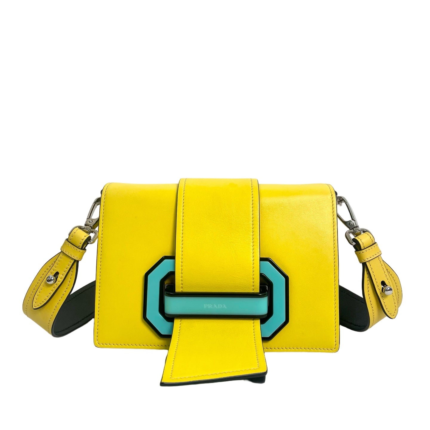 Prada Yellow Leather Plex Ribbon Bag with Turquoise Buckle