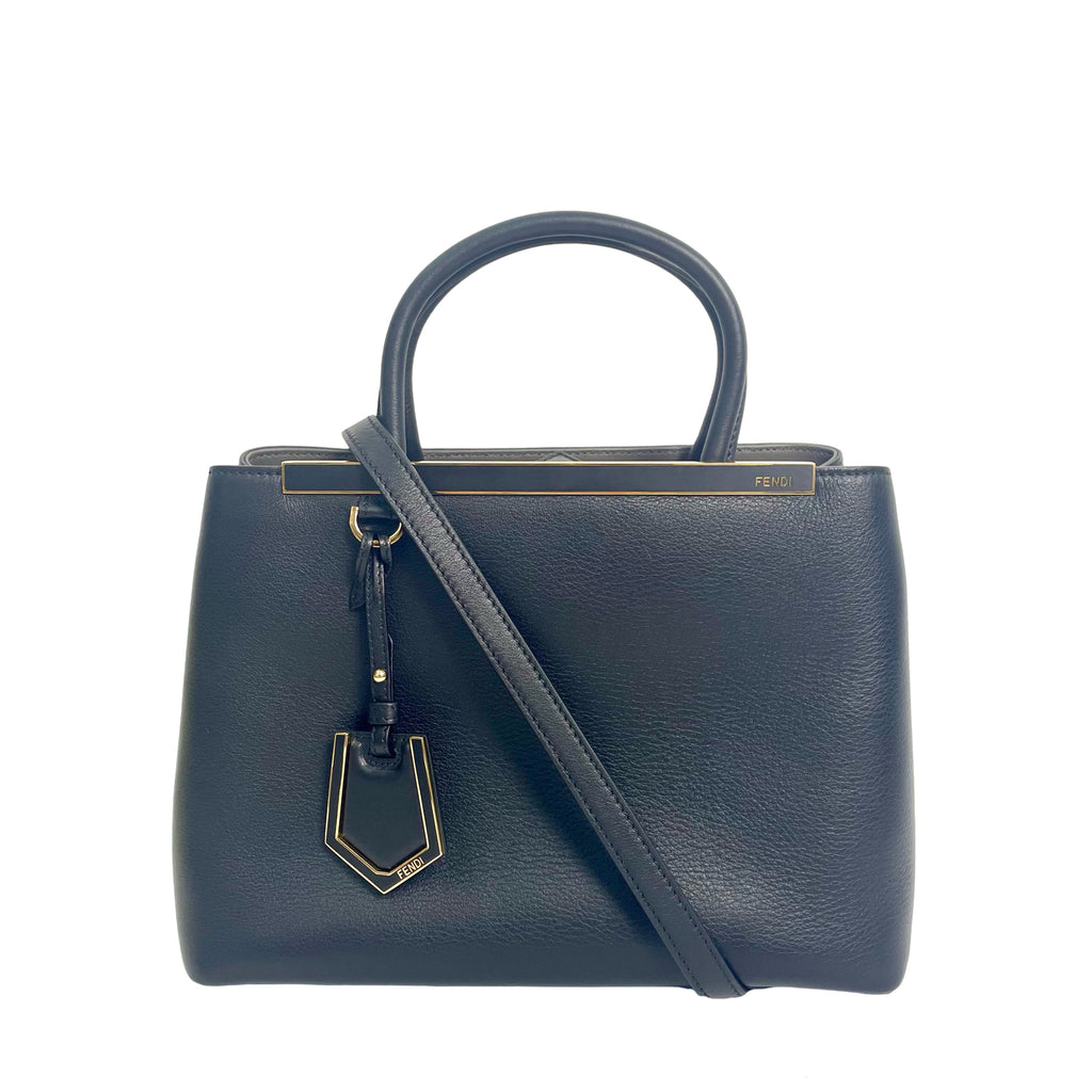 Fendi 2Jours Medium Black Grained Leather Top Handle Bag Shoulder Bag