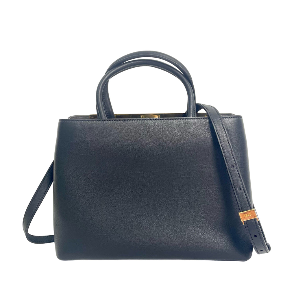 Fendi 2Jours Medium Black Grained Leather Top Handle Bag Shoulder Bag