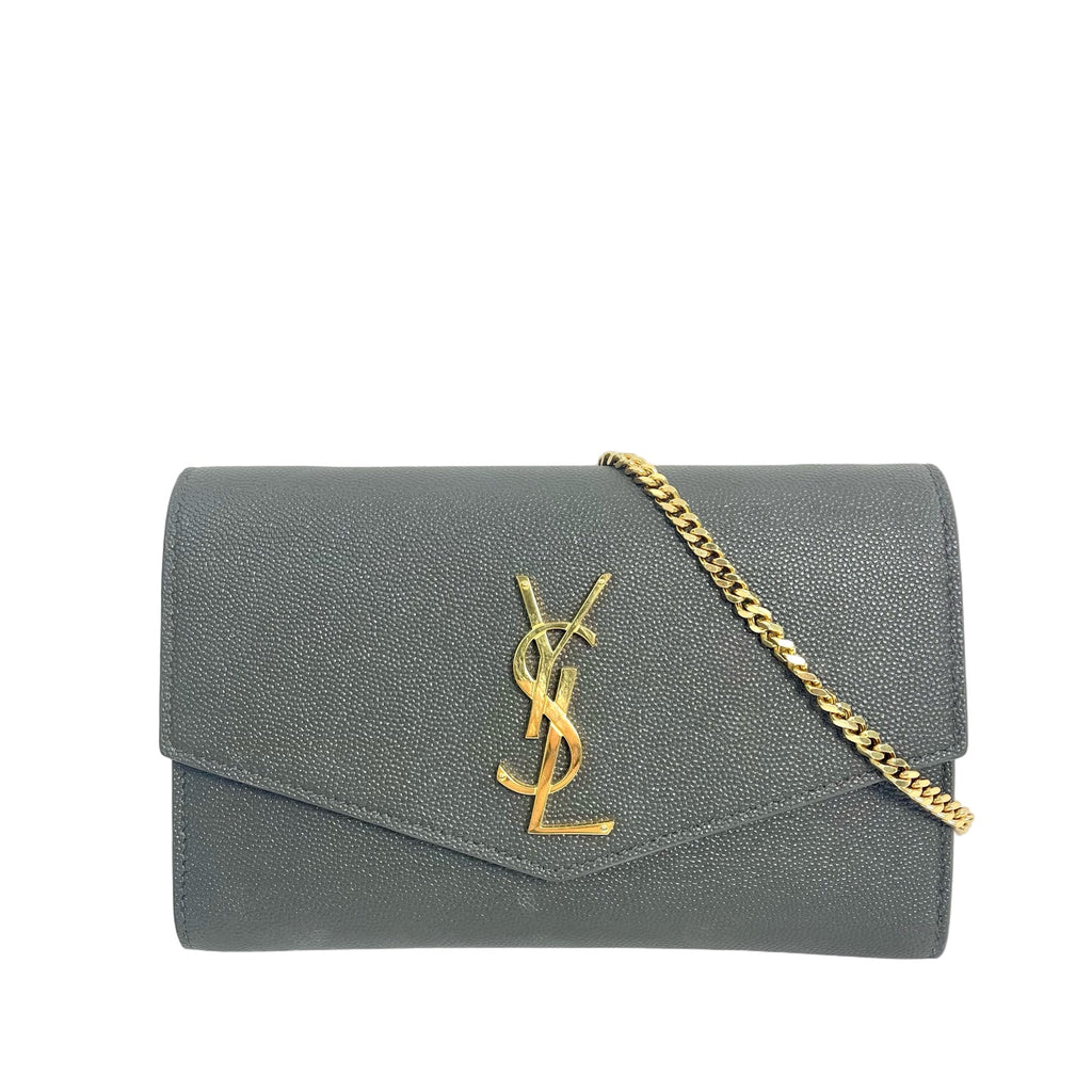 Saint Laurent YSL Cassandre Grey Grained Leather Wallet on Chain Shoulder Bag
