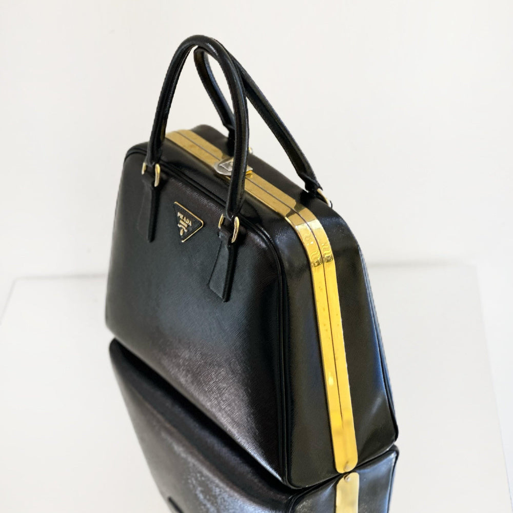 Prada Black Pyramid Frame Top Handle Bag