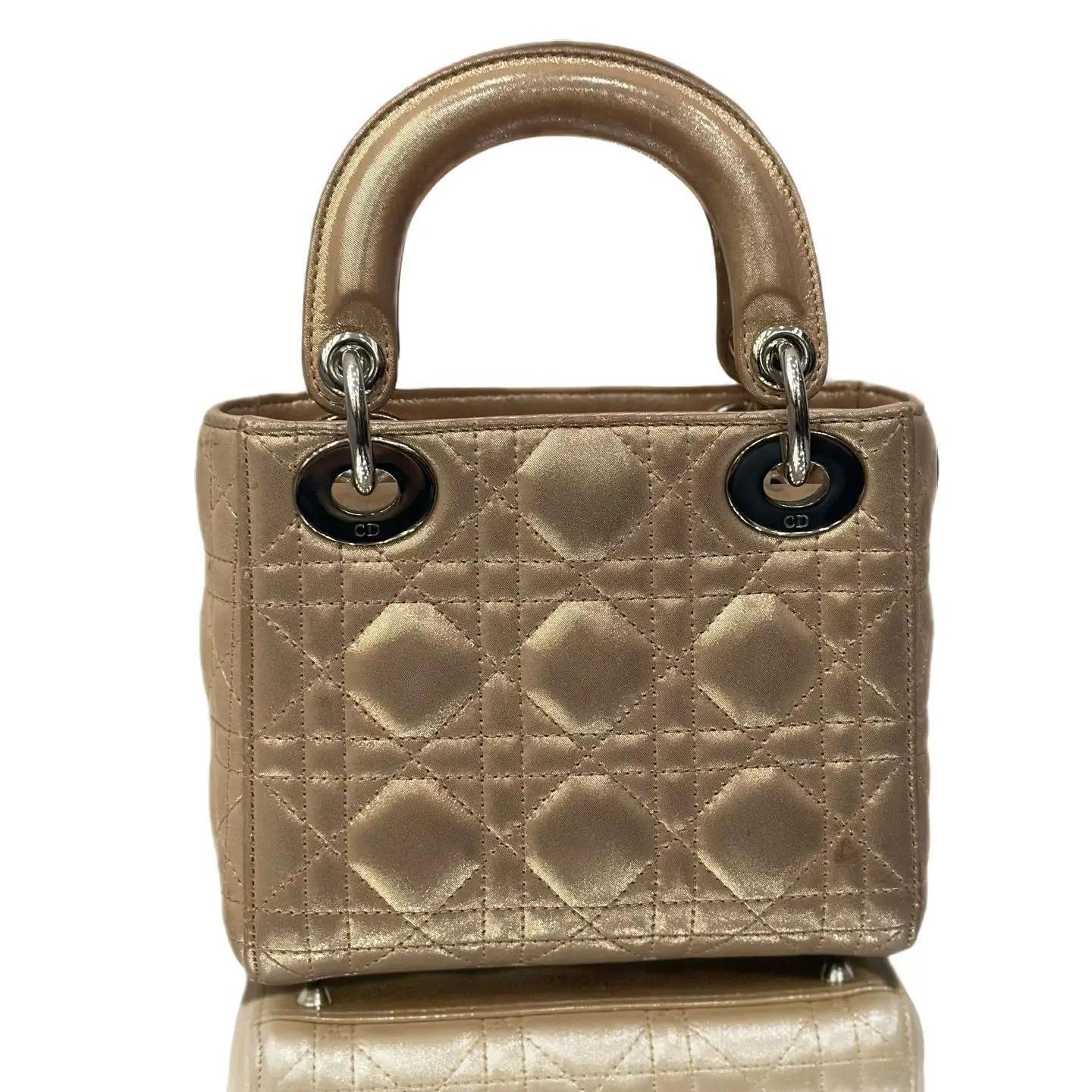 Dior Christian Metallic Lambskin Cannage Mini Lady Dior Gold