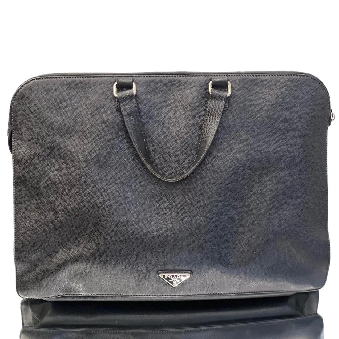 PRADA Triangle with Logo Briefcase Business Handbag Saffiano Black