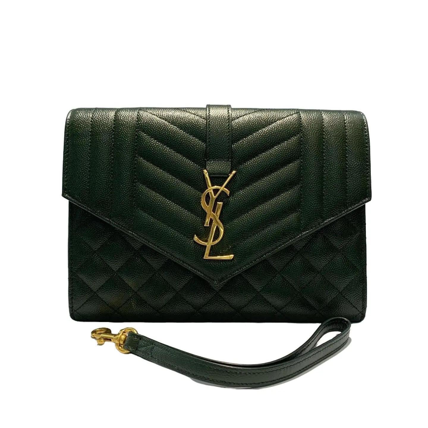 Saint Laurent Green Mixed Quilted Envelope Flap Wristlet Clutch