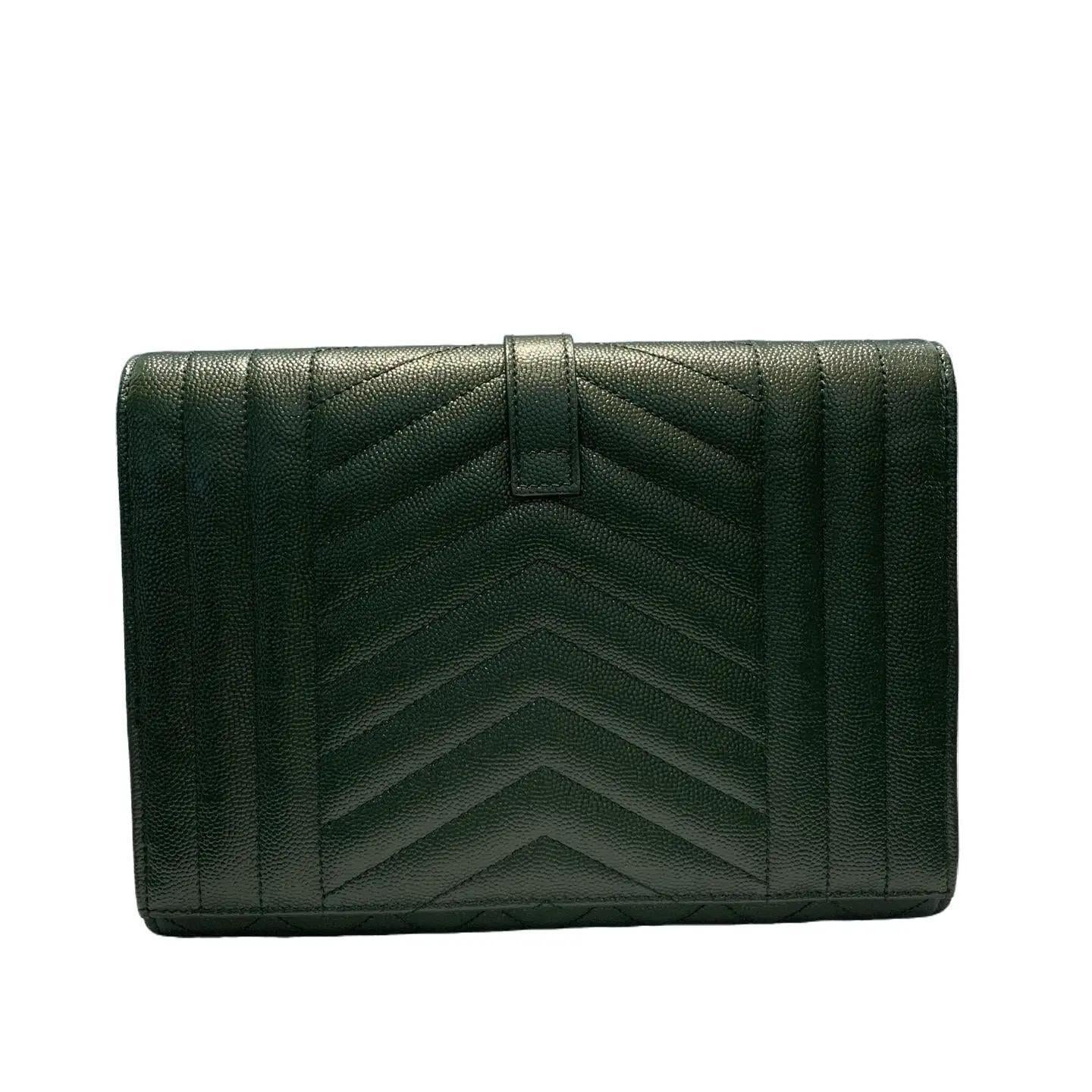 Saint Laurent Green Mixed Quilted Envelope Flap Wristlet Clutch