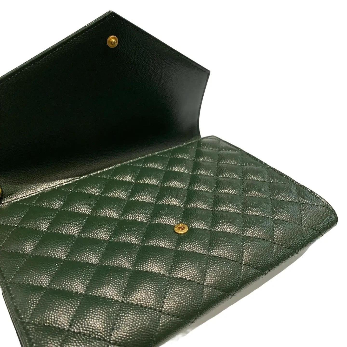 Saint Laurent Green Mixed Quilted Envelope Flap Wristlet Clutch